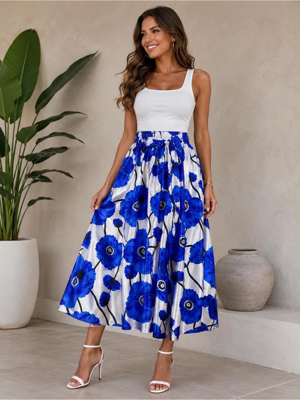 Blue Floral Midi Skirt with Tie Waist
